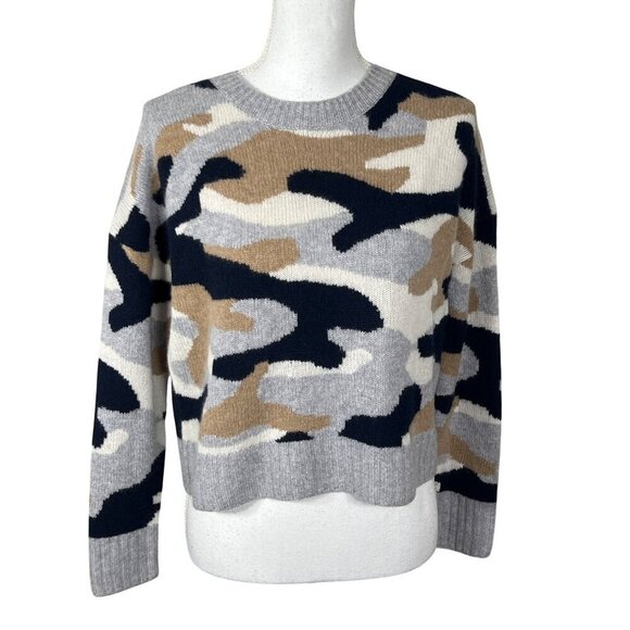 360 CASHMERE Kris Crewneck Camo Sweater Gray/Tan/Navy/Cream Sz XS EUC - Picture 1 of 7